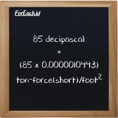 How to convert decipascal to ton-force(short)/foot<sup>2</sup>: 85 decipascal (dPa) is equivalent to 85 times 0.0000010443 ton-force(short)/foot<sup>2</sup> (tf/ft<sup>2</sup>)